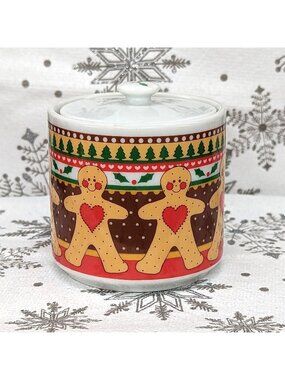 Vintage Christmas Gingerbread Man Ceramic Jar With Lid Christmas Tree